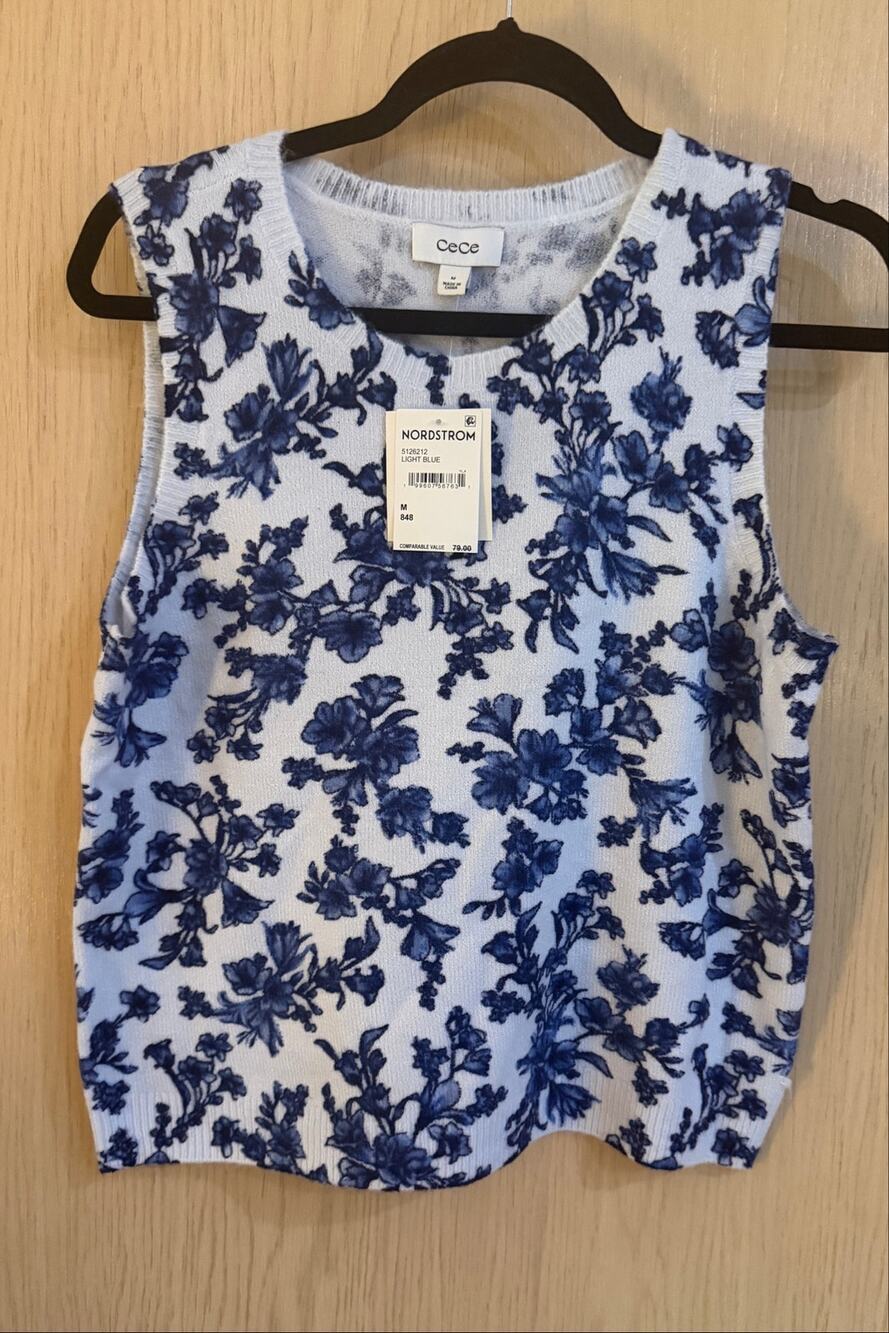 CeCe Floral Sleeveless Sweater Women’s M Blue White NWT Cottagecore